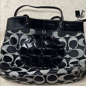 Coach Black and Gray Signature Canvas Tote with Glossy Leather Accent